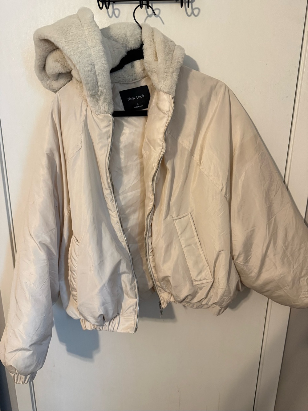 New Look Cream Hooded Bomber Jacket with Faux-Fur Lining